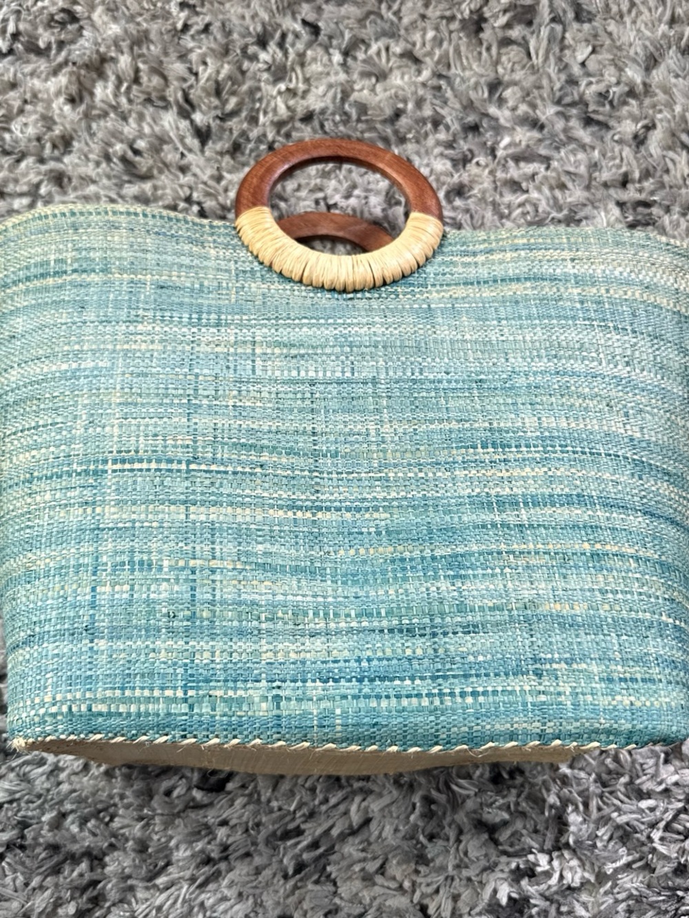 Woven Teal Tote with Wooden Ring Handles